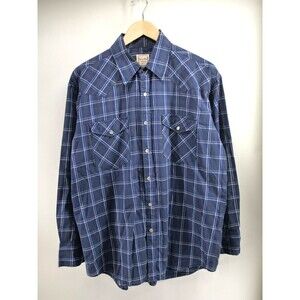 Pearl Snap Plaid Shirt Mens L Long Sleeve Blue Cowboy‎ Western Plains Trading Co